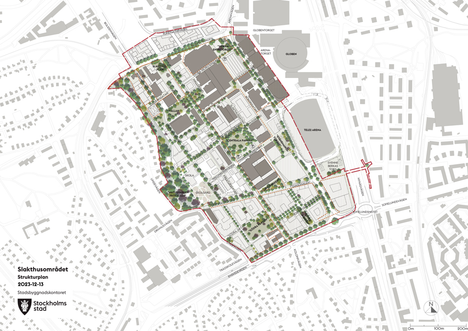 Illustrationsplan över nya Slakthusområdet, uppdaterad 2023-12-13